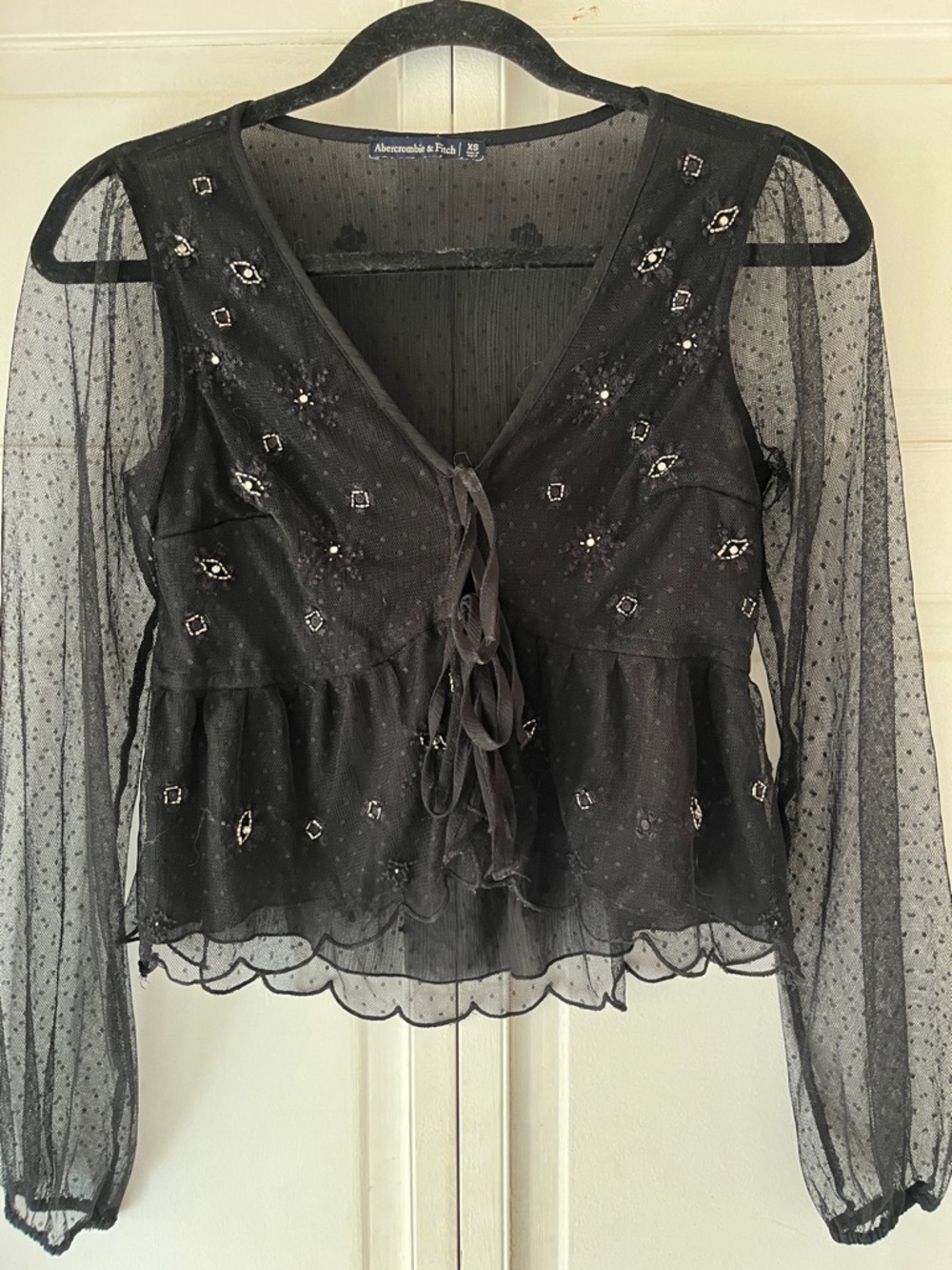 Abercrombie & Fitch Black Sheer Embellished Tie-Front Blouse